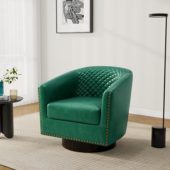 Pia Ricco Faux Leather Swivel Barrel Accent Chairs 360° Swivel Round Single Sofa Chair Comfy Upholstered Club Armchair with Nailhead Trim for Living Room/Reading Room/Bedroom Green