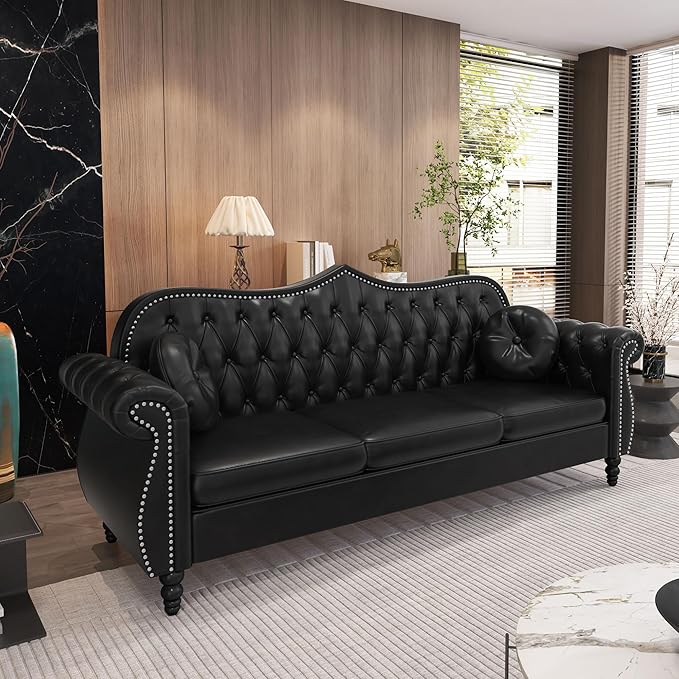 AVZEAR Chesterfield 2-Piece Living Room Sectional Sofa Set Mid-Century Modern Upholstered PU Sofa Couch Classic Tufted Button Sofa with Nailhead Trim for Living Room Office (2+3 Seat Black)