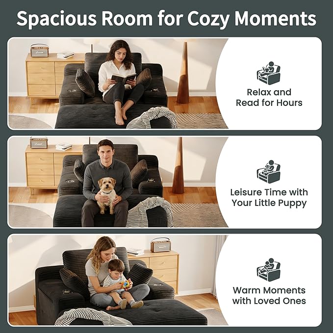 67 Oversized Chaise Lounge Sofa Indoor Sleeper Couch Chair with Cup Holders &amp Side Pocket | High-Density Memory Foam | Living Room Sofa Bed | Boneless Chaise | No Assembly (Black)