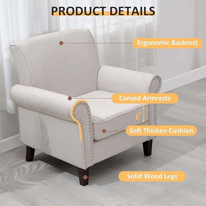 PrimeZone Comfy Accent Chair Set of 2 Mid-Century Modern Fabric Living Room Chair Reading Chair with Soft Cushion Nailhead Trim &amp Rolled Armrest Arm Chair Sofa Chair for Bedroom Waiting RoomBe