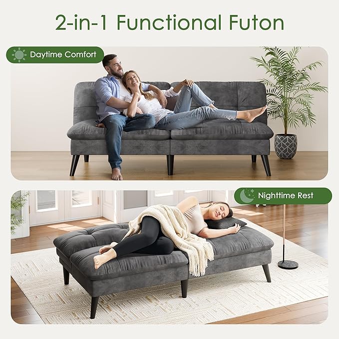 Vongrasig Futon Sofa Bed Velvet Futon Couch with Adjustable Backrest Small Convertible Folding Sleeper Sofa Bed Modern Loveseat for Living Room Bedroom and Small Space (Grey)