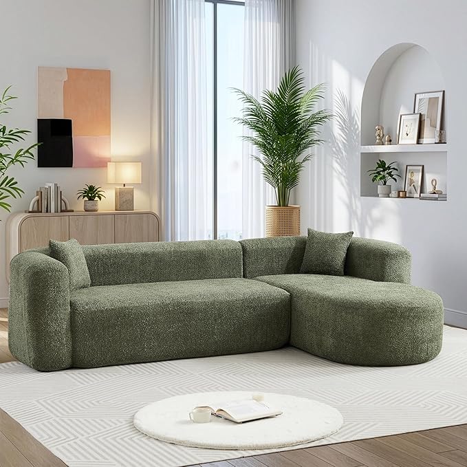 110 Inch Boneless Couches for Living Room Modern Modular Sectional Curved Sofa with Chaise Minimalist L-Shape Cloud Sectional Couch No Assembly Required (Green Right-Facing Chaise)
