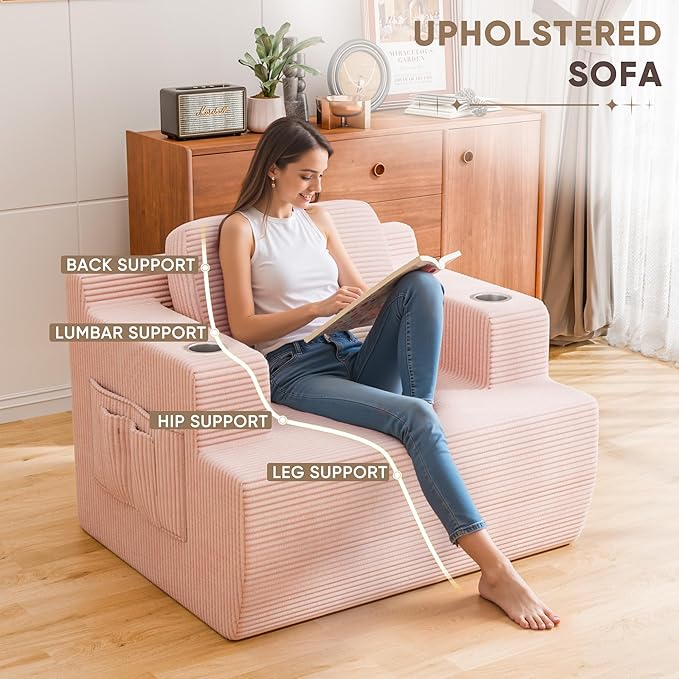 Homall 42” Single Sofa Foam Couch for Small Spaces Upholstered Floor Sofa with Cup Holder &amp Storage Pocket Boneless Couch for Bedroom Living Room (Pink Single)