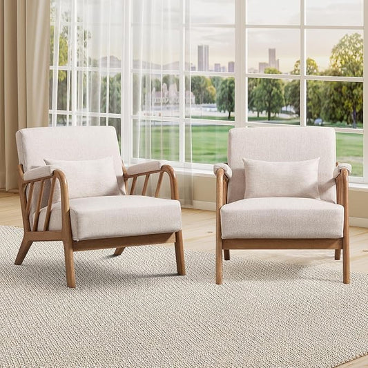 INZOY Accent Chairs Set of 2 Mid Century Modern Accent Chair with Wood Frame Upholstered Reading Armchair with Soft Linen Fabric Accent Chair for Living Room Bedroom Apartment Easy Assembly Beige