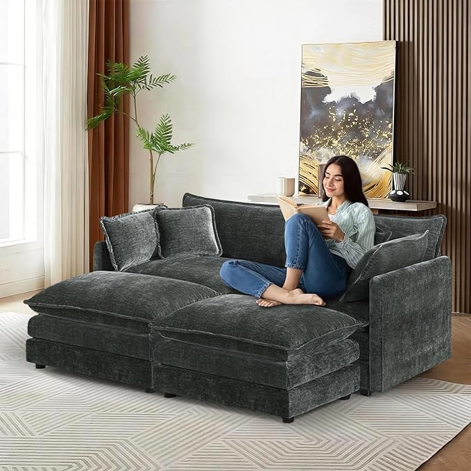 76.7” Modular Sectional Sofa U-Shaped Convertible Couches 2 Seater Chenille Deep Seat Cloud Couch with Pillows and 2 Ottomans for Living Room Apartment Office(Dark Grey)