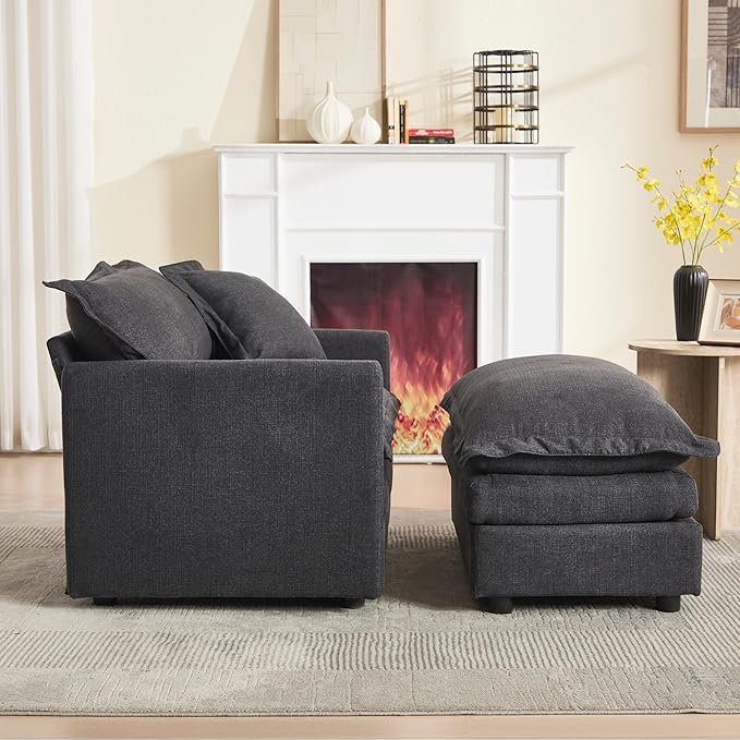 Oversized Chair with Ottoman Upholstered Comfy Single Sofa Chaise Lounge Chair Indoor for Reading Living Room Bedroom Office(Linen Black)