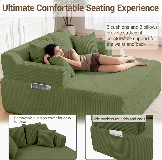 58 Inch Chaise Lounge Chair Indoor Corduroy Boneless Sofa Bed Deep Seat Sleeper Couch Reading Chairs Upholstered Comfy Cloud Sofas Couches for Living Room No Assembly Required Green