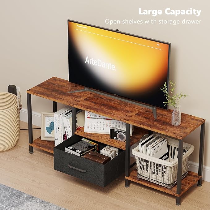 TV Stand with LED Lights Entertainment Center with Open Shelves and Fabric Drawer Media Console for 55 Inch TV Television Stands Living Room Furniture Bedroom Rustic Brown