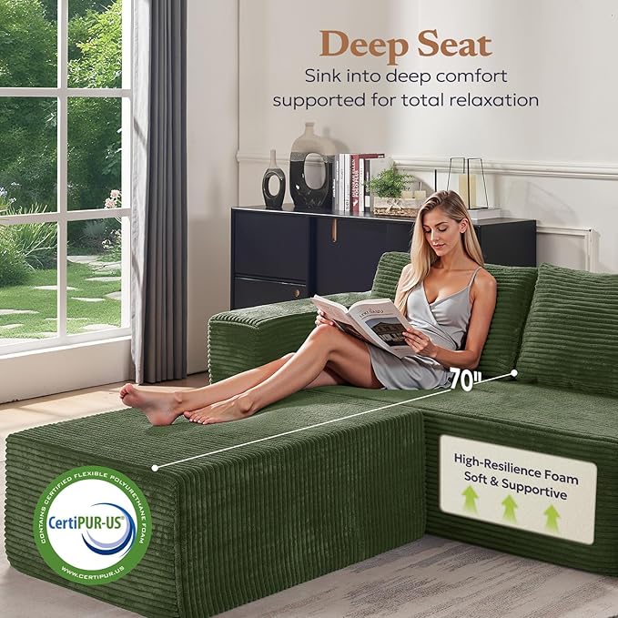 40 Memory Foam Couch Footrest Cloud Modular Sofa Ottoman Upholstered Floor Sofa Ottoman Upholstered Sofa for Bedroom Living Room No Assembly Required (Green Plush Corduroy Fabric)
