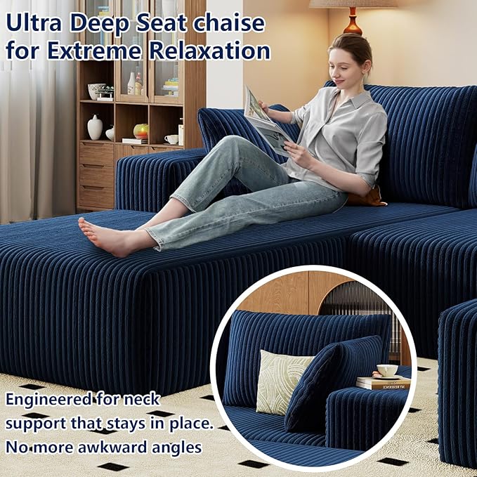 96 Modular Sectional Sofa with Ottoman Modern Corduroy Cloud Couch with Deep Seat Boneless Couch Upholstered 3-Seater U-Shaped Sofa for Living Room No Assembly (Blue Left-Facing Chaise)