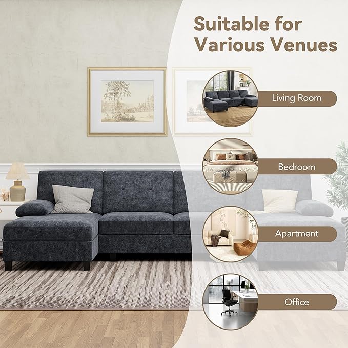 Shintenchi U-Shaped Sectional Couches for Living Room 4 Seat Sofa with Double Chaise LoungesSolid Wood Frame Sectional Sofa for ApartmentDark Grey