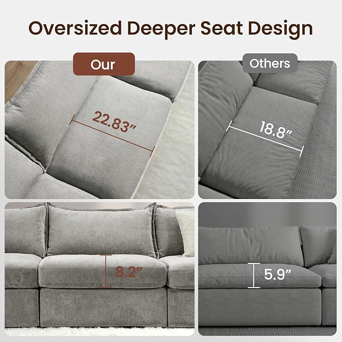 158'' Sectional Couch L-Shape Down Filled Comfy Modular Sectional Sofa with Deep Seat Modular Couch 4 Seater with 4 Pillows &amp 1 Storage Ottoman for Living Room Cover Washable Grey