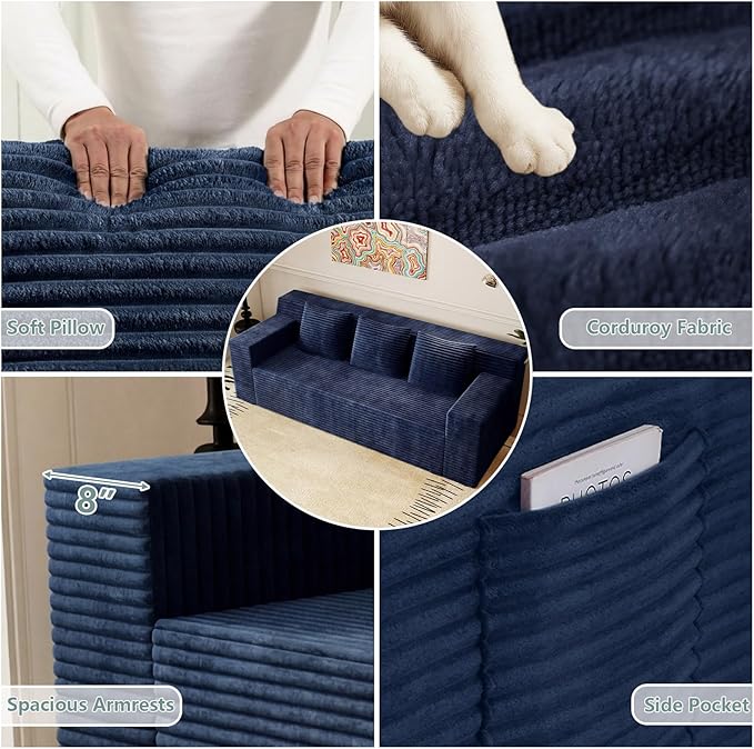 71 Cloud Loveseat SofaBoneless Deep Seat 2-Seater with 3 Pillows&ampSide PocketNo Assembly Foam Floor CouchPlush Corduroy FabricModern Living Room Sofa for Small Space Apartment(Flat HandrailBl