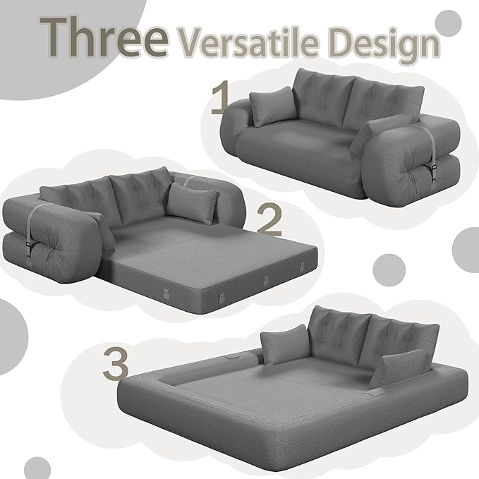 78.7 Convertible Sofa Bed 3-in-1 Folding Floor Couch with 4 Pillows Sleeper Sofa for Living Room and Guest Bed No Assembly Required (Grey Teddy Fabric)
