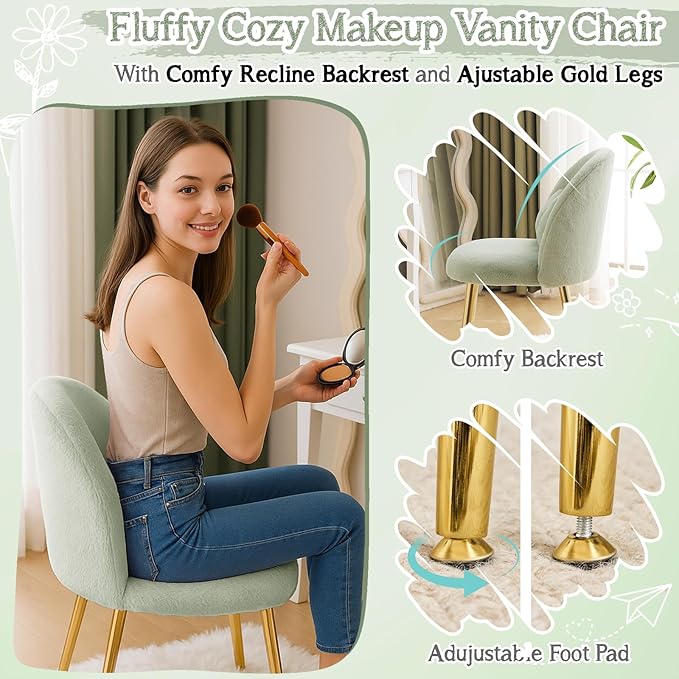 VINGLI Fluffy Girls Vanity Chair with Back &amp PillowCute Small Cozy Desk Chair No WheelsComfy Makeup Ch with Ajustable Gold Legsfor BedroomLiving RoomSmall SpaceGreen