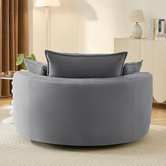 Eafurn 57.5 Oversized Swivel Barrel Chair with Dual-Layer Cloud Cushion Modern Corduroy Accent Round Chair for Living Room 360° Rotating Lounge Armchair with 3 Pillows for Bedroom &amp Reading Noo
