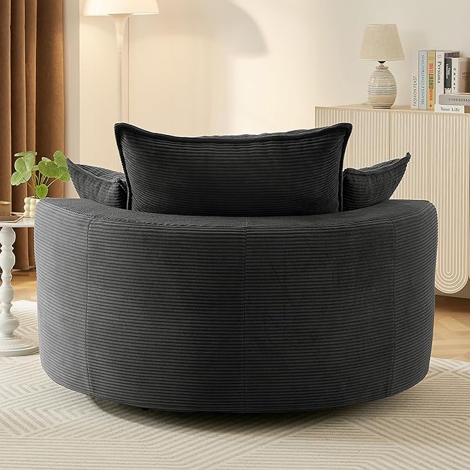 Eafurn 57.5 Oversized Swivel Barrel Chair with Dual-Layer Cloud Cushion Modern Corduroy Accent Round Chair for Living Room 360° Rotating Lounge Armchair with 3 Pillows for Bedroom &amp Reading Noo