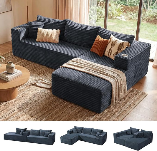ELUCHANG Oversized 108” Boneless Couch Comfy Cloud Modular Sectional Sofa L-Shape Sofa with Chaise Memory Foam Upholstered Couch for Living Room Bedroom No Assembly Required Corduroy Blue