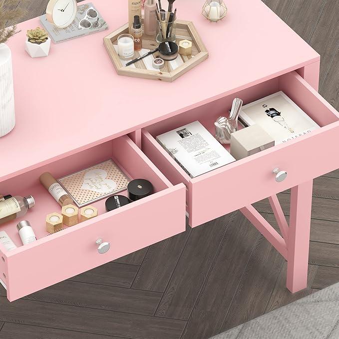 WiberWi Home Office Desk with Drawers Modern Writing Computer Desk for Bedroom Small Pink Makeup Vanity Table for Girls Study Table for Home Office