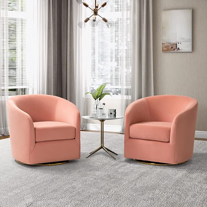 HULALA HOME Swivel Accent Chair with Gold Metal Base Set of 2 Contemporary Velvet Curved Swivel Barrel Chair Upholstered Club Armchair Leisure Single Sofa for Living Room Nursery Bedroom(Pink)
