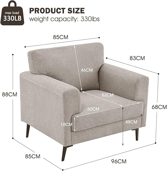 Oversized Accent Chair Upholstered Living Room Chairs Single Sofa Chair w/Metal Legs Comfy Linen Fabric Reading Lounge Armchair for Apartment Bedroom Office Light Brown 2PCS