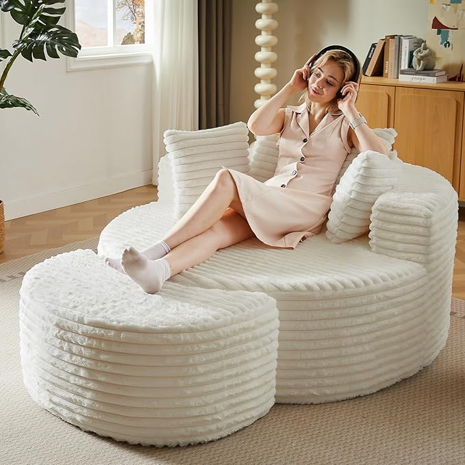 55''W Oversized Round Lounge Chair with Ottoman Modern Corduroy Accent Chair Upholstered Boneless Deep Seat for Living Room or Bedroom No Assembly Required (Corduroy White)