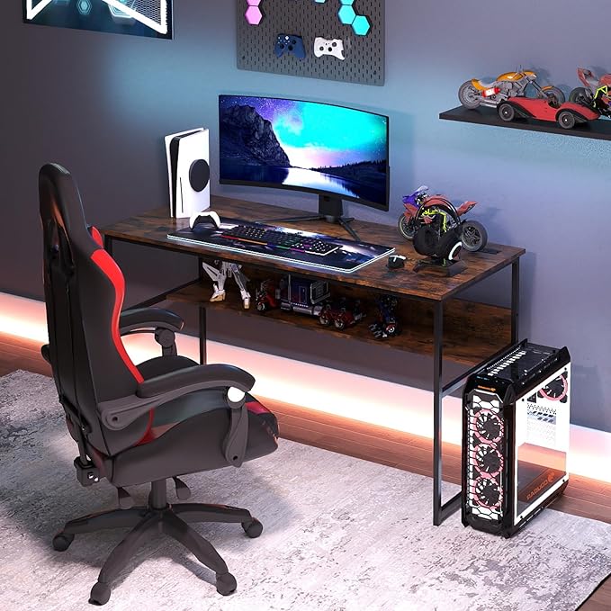Giantex 55 Inch Computer Desk with Charging Station Gaming Desk with Storage Bookshelf Large Computer Workstation w/Heavy Duty Metal Frame Modern Study Writing Desk for Home Office (Rustic Brown)