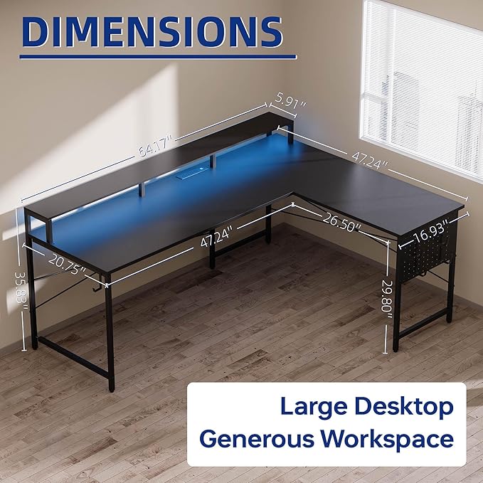 Pamray 64 Inch L Shaped Gaming Desk with Power Outlets and Led Lights Large Corner Computer Desk with Monitor Stand and Pegboard PC Table for Home Office and Bedroom Pink
