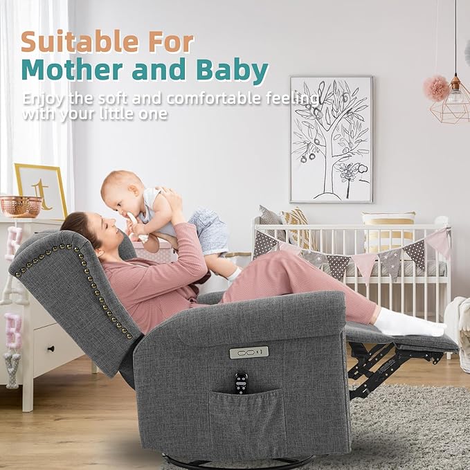 MEETWARM Power Swivel Rocking Glider Recliner Chair Electric Rocker Nursery Reclining Chair with Heat and Vibration Wingback Tufted Upholstered Recliner for Living Room Type-C and USB Ports (Grey)
