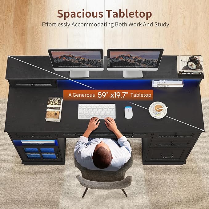 Farmhouse Executive Desk with Drawers Computer Desk with File Drawers Power Outlet and Led Lights Executive Office Desk with Storage Cabinet and Monitor Shelf for Home Office Black