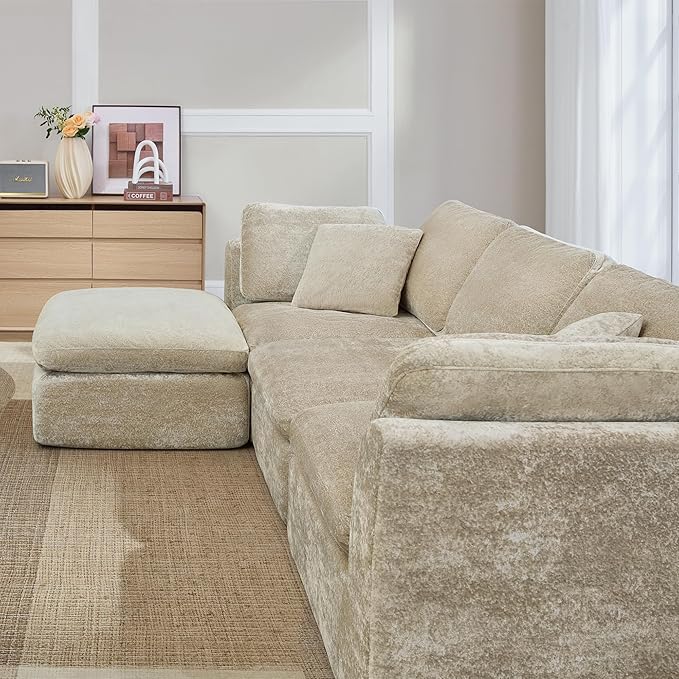 CHITA 108 Cloud Sectional Couches for Living Room Boneless L-Shape Sofa with Ottoman 3 Seater Modular Sectional Sofa Brownish Gray