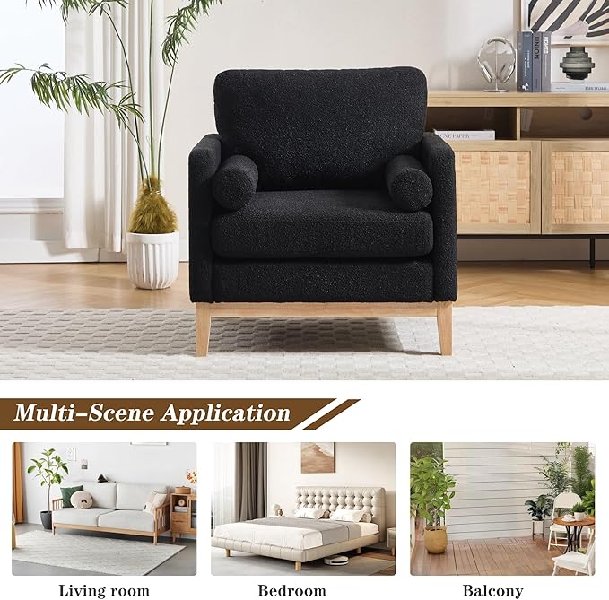 Mlmh &amp Kngwa 35.43 W Accent Chairs with Ottoman Upholstered Accent Chairs Ottoman Set with Natural Wood Legs Single Sofa Wingback Armchair for Living Room Bedroom Black