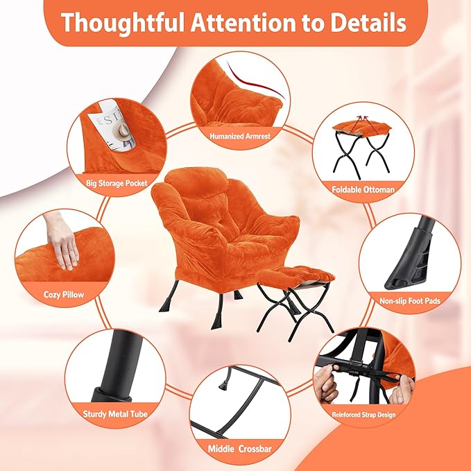 Lazy Chair with Folding Ottoman Accent Chair Plush Upholstered with Metal Structure and Non-Slip Pads Sofa Armchair with Footrest and Side Storage Bag for Dorm Room Office Orange
