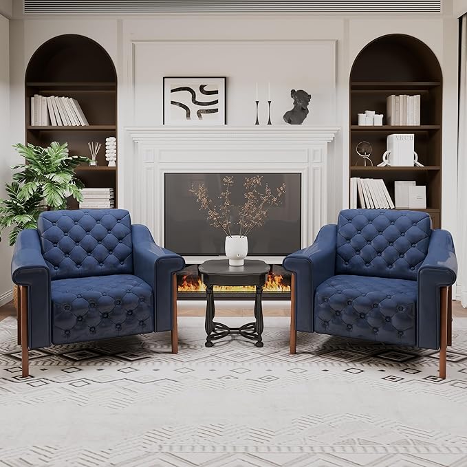 EJUNQ Cozy Accent ChairPU Leather Modern Living Room ChairsMid-Century Office Reading ChairSingle SofaArmchair for Bedroom Apartment Waiting Room(Dark Blue)