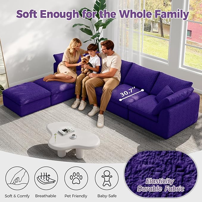 137 Inch Modular Sectional Sleeper Sofa Boneless Cloud Couch for Living Room U Shaped Sofa Free Combination No Assembly Required (Purple 137 inch - U Shape 6 Seat)