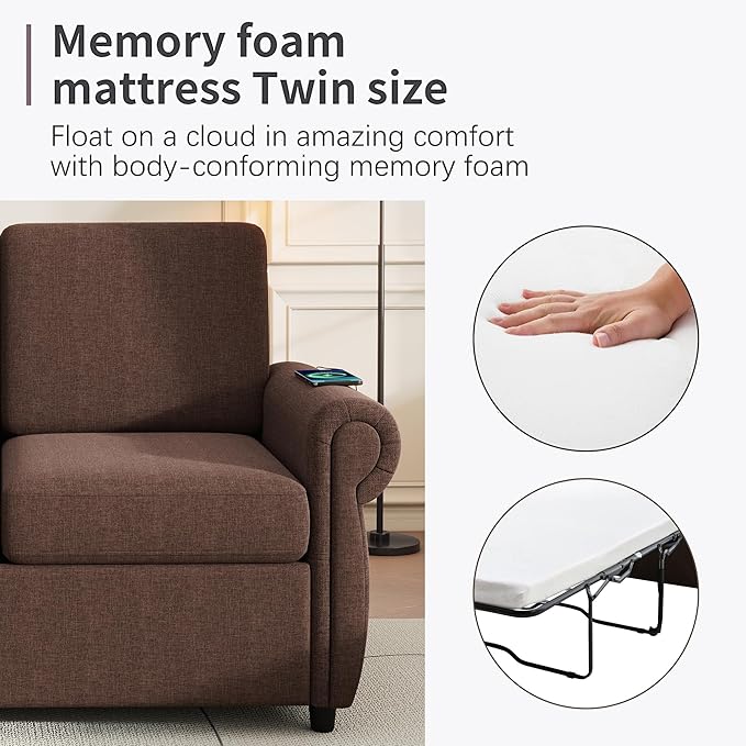 Pull Out Sofa Bed with Twin Size Memory Mattress 57.9 Linen Loveseat Sofa Sleeper Bed 2-in-1 Sleeper Sofa Bed Convertible Sofa for Living Room Small Spaces (Brown 072)