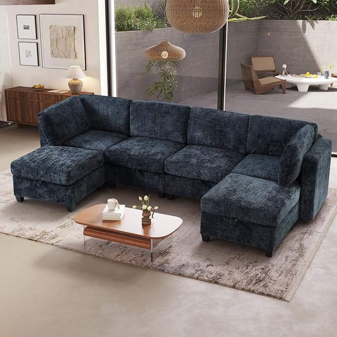 6 Seat Modular Sectional Sofa with Storage Convertible Sectional Couch Modular Sofa with Chaise Living Room Furniture Sets U Shaped Couch with Ottoman Couches for Living Room Black Textured