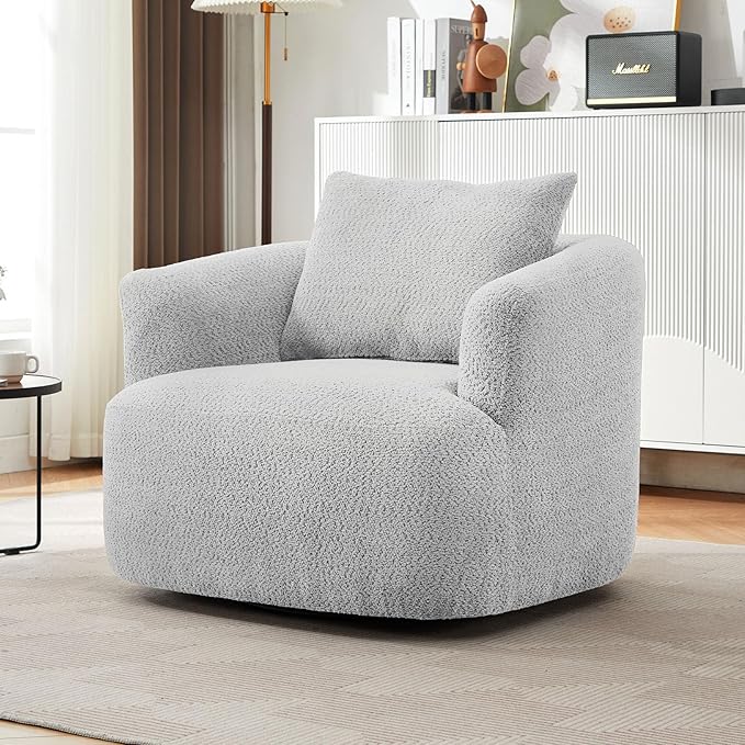38.2 Swivel Accent Chair Boucle Green Upholstered Armchair Comfy Single Cloud Sofa Chair with Ergonomic Armrests &amp Throw Pillow for Nursery Living Room &amp Offices (Light Grey)