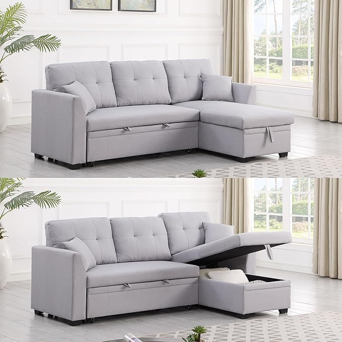 BEEY Sleeper Sofa Bed 82 Small Convertible Sectional Sofa Couch with Storage Chaise L Shaped Couch with Pull Out Bed for Bedroom Living Room (Light Grey F4002)