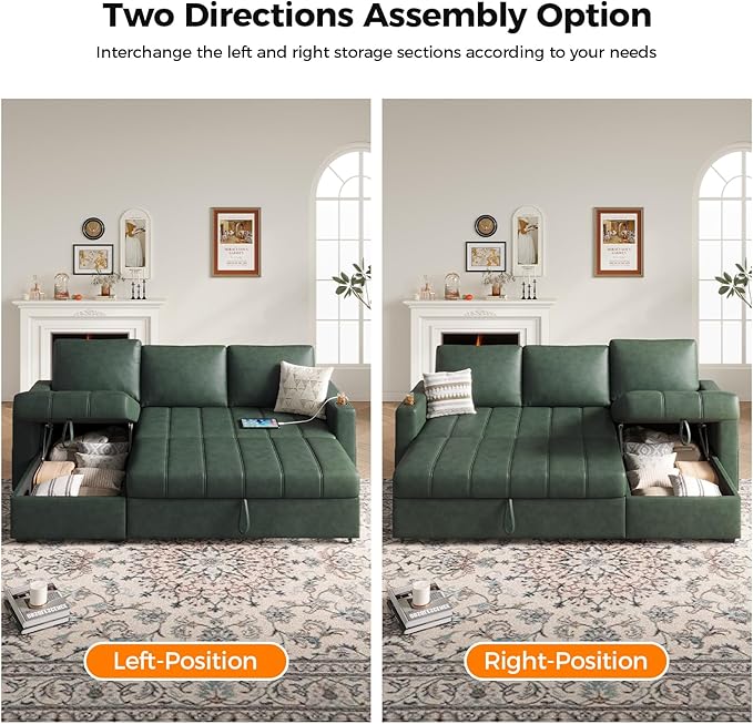 Fadware 89” L Shape Sofa Sleeper Sectional Sofa Bed with Hidden Storage&amp Side Pocket Anti-scratch Faux Leather Couch Bed with ChargePort&amp CupHolder Modern Piano Design Pull Out Couch for Li