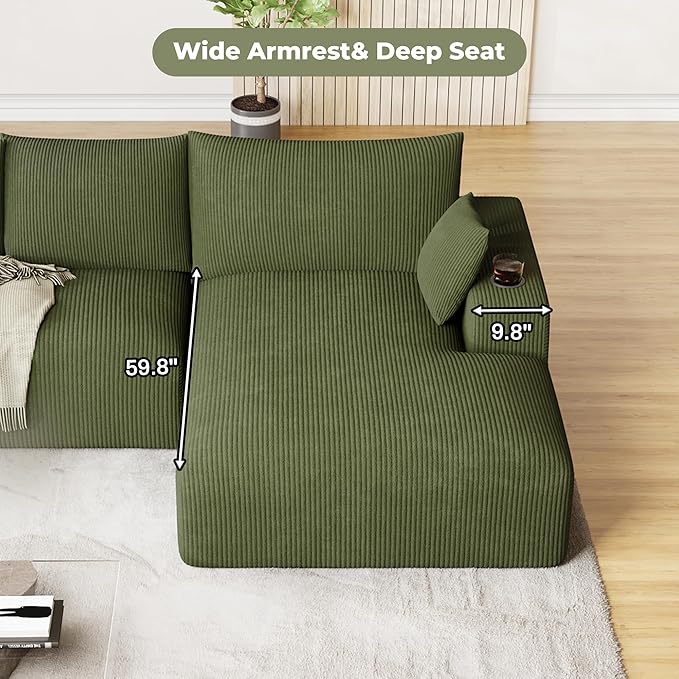 113 Modular Sectional Sofa Cloud Couch Modern Deep Seat Fluffy Corduroy Boneless Couch with Cup Holder Comfy L Shaped Sectional Couches for Living Room Bedroom. (Right Facing Olive Green)