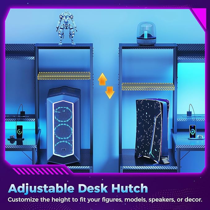 Casaottima 55 Inch Gaming Desk with Hutch &amp 3 Fabric Drawers Computer Desk with USB Ports &amp LED Lights Reversible Pc Gamer Table with Monitor Stand for Home Office Carbon Fiber Black