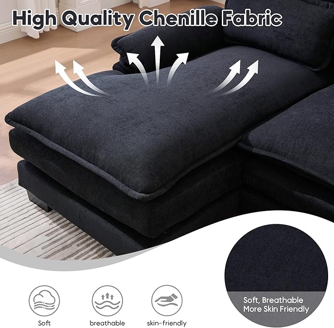 U Shape Sectional Sofa Cloud Couch Modern Chenille Comfy Modular Sofa 4 Seat Upholstery Sleeper Sofa with Double Chaise for Living Room Bedroom Black