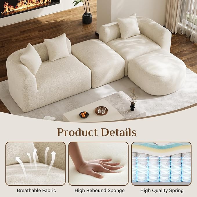 120 Curved Sectional Sofa Cream Cloud Couch Boneless Modular Sectional Couch for Living Room Oversized L Shaped Curved Couches Comfy Modern Sofa Plush Chenille with Ottoman Cream White