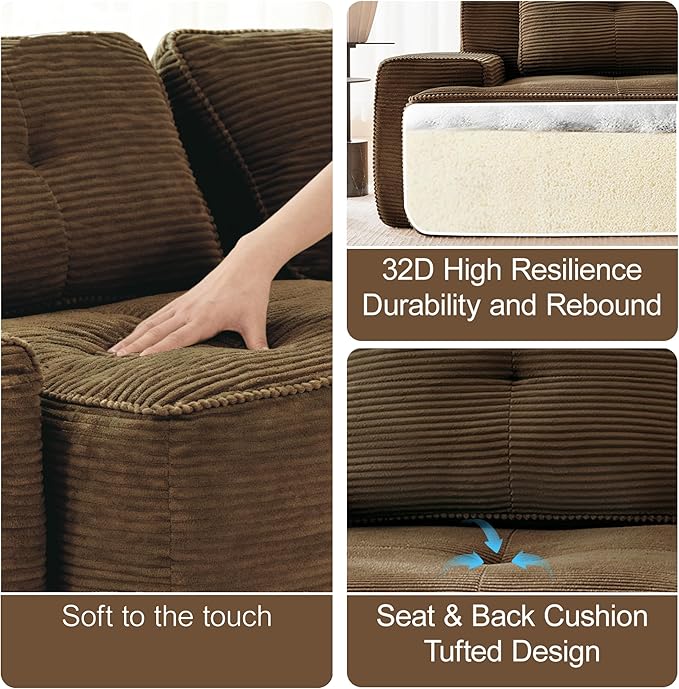 Casaphoria 150'' Brown Corduroy Cloud Couch 4-Seater Boneless Sectional Sofa with 4 Pillows for Living Room Deep Seat Sofa No Assembly Required