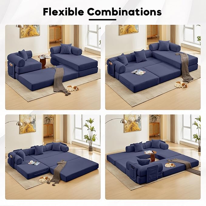 Modular L Shaped Sofa Bed with Cylindrical Pillow &amp Reversible Chaise Corduroy Convertible Floor Boneless Sofa Couch Bed with Fixed-Shape Frame &amp Storage Pocket for Living Room Blue
