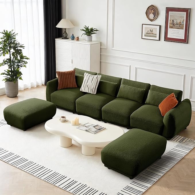 U Shaped Cloud Sectional Convertible L Shaped Couch with Removable OttomansModular Cloud Couch Sectional for Living Room(4 Set + 2 Ottomans - Green)