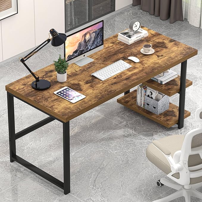 EXCEFUR Modern Computer Desk Home Office Desk with Storage Shelf Wood Study Writing Table Workstation for Bedroom Living Room Rustic Brown 53 Inch