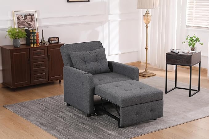 KEIKI Sleeper Chair Bed 3-in-1 Convertible Pull Out Sleeper Chair Bed Convertible Sofa Bed with USB Ports Side Pocket Single Armchair for Small Spaces Living Room Apartment Antique Grey