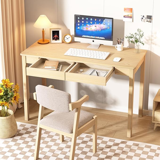 Solid Wood Writing Desk with Drawers Small Computer Desk Table Mid Century Modern Desks Study Home Office Desks for Work Small Wooden Dining Table for Bedroom Natural